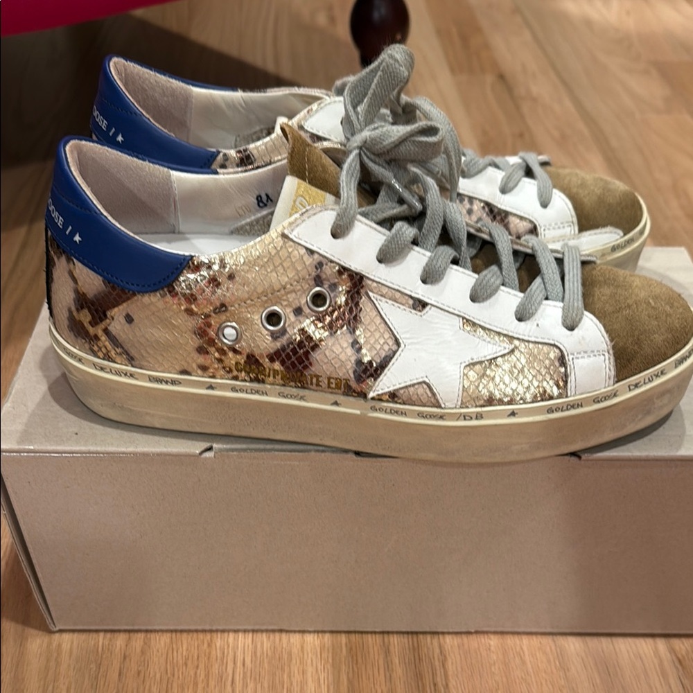 Golden Goose Beige Snakeskin Sneakers with White Star